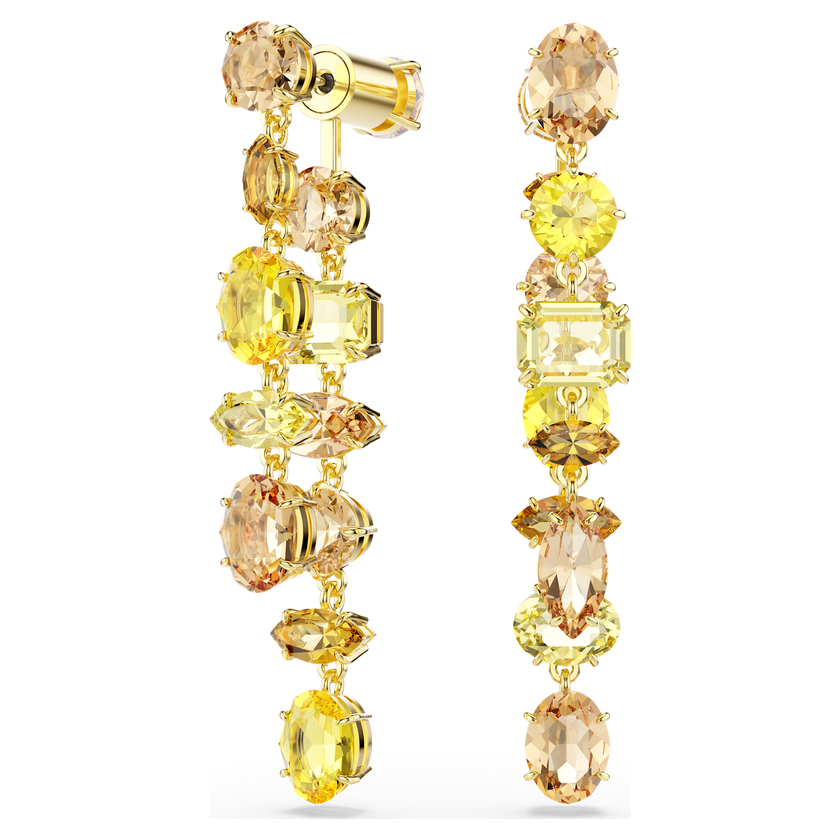 swarovski أقراط متدلية gema، تصميم غير متماثل، قطع متنوع، طويلة، لون أصفر، طلاء باللون الذهبي