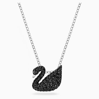 قلادة Iconic Swan بحلية متدلية، صغيرة، لون أسود، طلاء روديوم