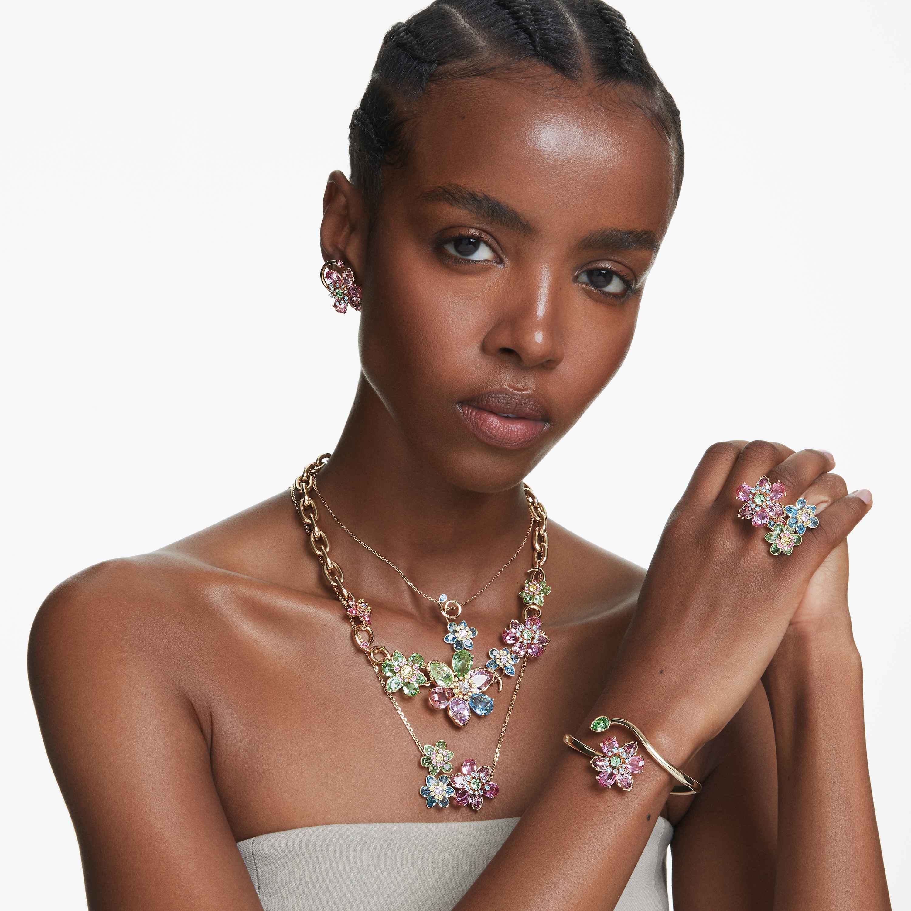 swarovski عقد idyllia، قطع متنوع، شكل زهرة، ألوان متعددة، طلاء باللون الذهبي