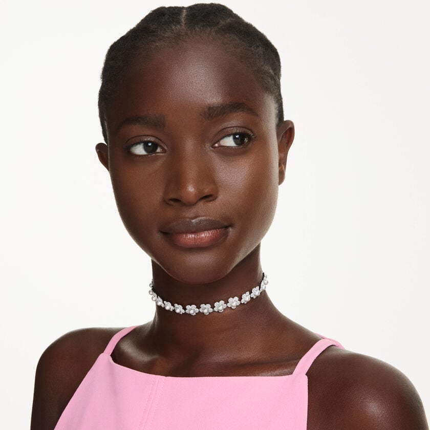 عقد شوكر ariana grande x swarovski، لآلئ كريستال، قطع مستدير، لون أبيض، طلاء روديوم