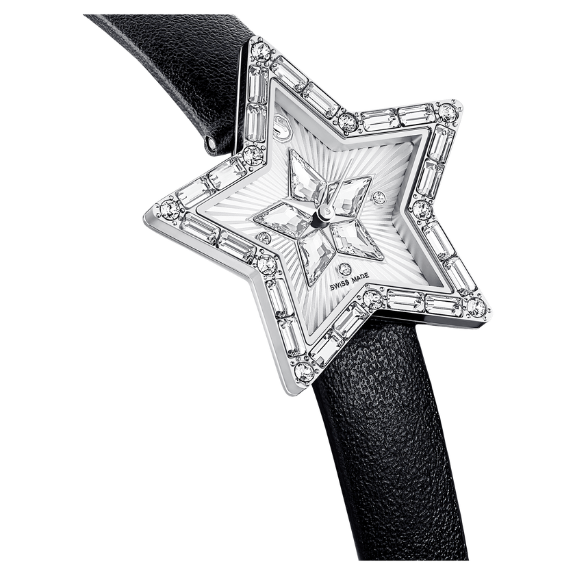swarovski ساعة يد symbolica star، صناعة سويسرية، شكل نجمة، سوار جلد، لون أبيض، ستانلس ستيل