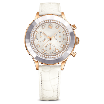 swarovski ساعة octea chrono، صناعة سويسرية، سوار جلد، لون أبيض، لمسة نهائية بلون ذهبي وردي