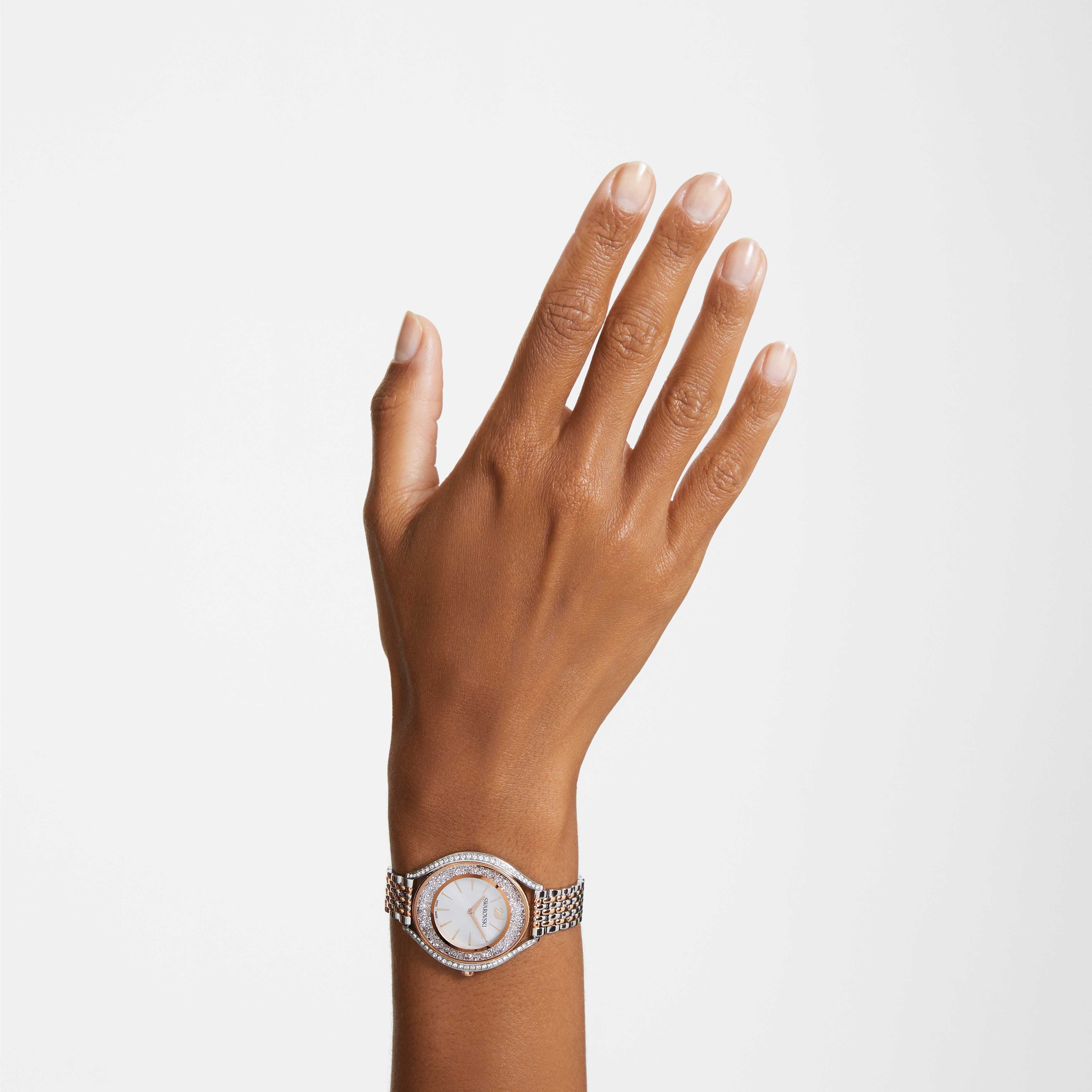 swarovski ساعة crystalline aura، صناعة سويسرية، سوار معدني، لون ذهبي وردي، لمسة نهائية بمعادن مختلطة