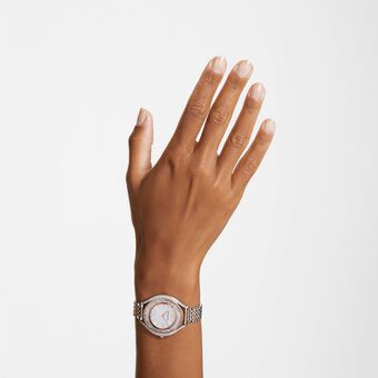 swarovski ساعة crystalline aura، صناعة سويسرية، سوار معدني، لون ذهبي وردي، لمسة نهائية بمعادن مختلطة
