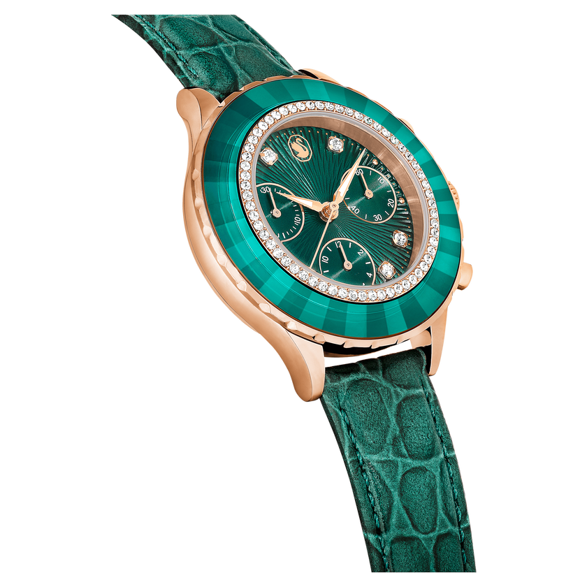 swarovski ساعة octea chrono، صناعة سويسرية، سوار جلد، لون أخضر، لمسة نهائية بلون ذهبي وردي