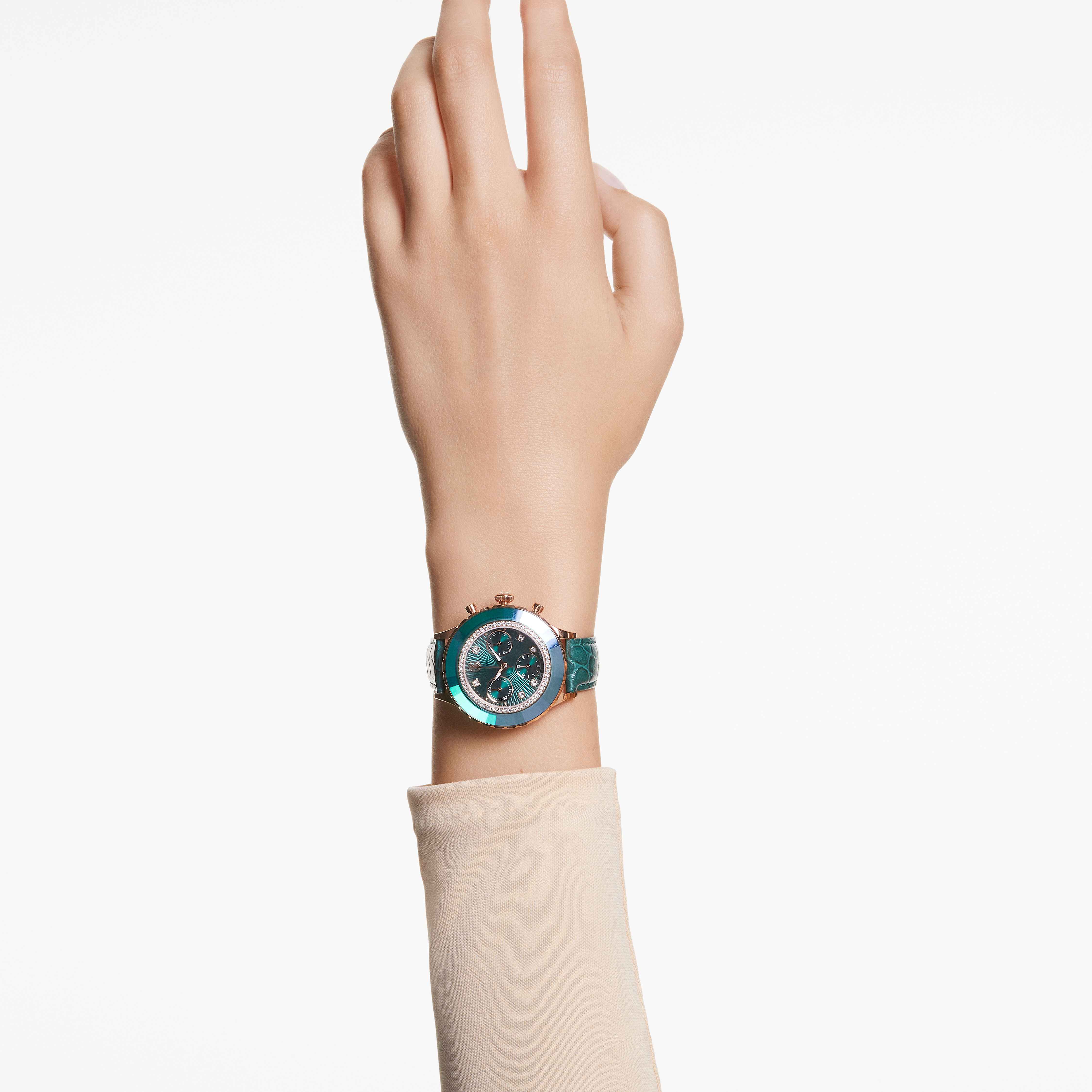 swarovski ساعة يد octea chrono، صناعة سويسرية، سوار جلد، لون أخضر، لمسة نهائية بلون ذهبي وردي