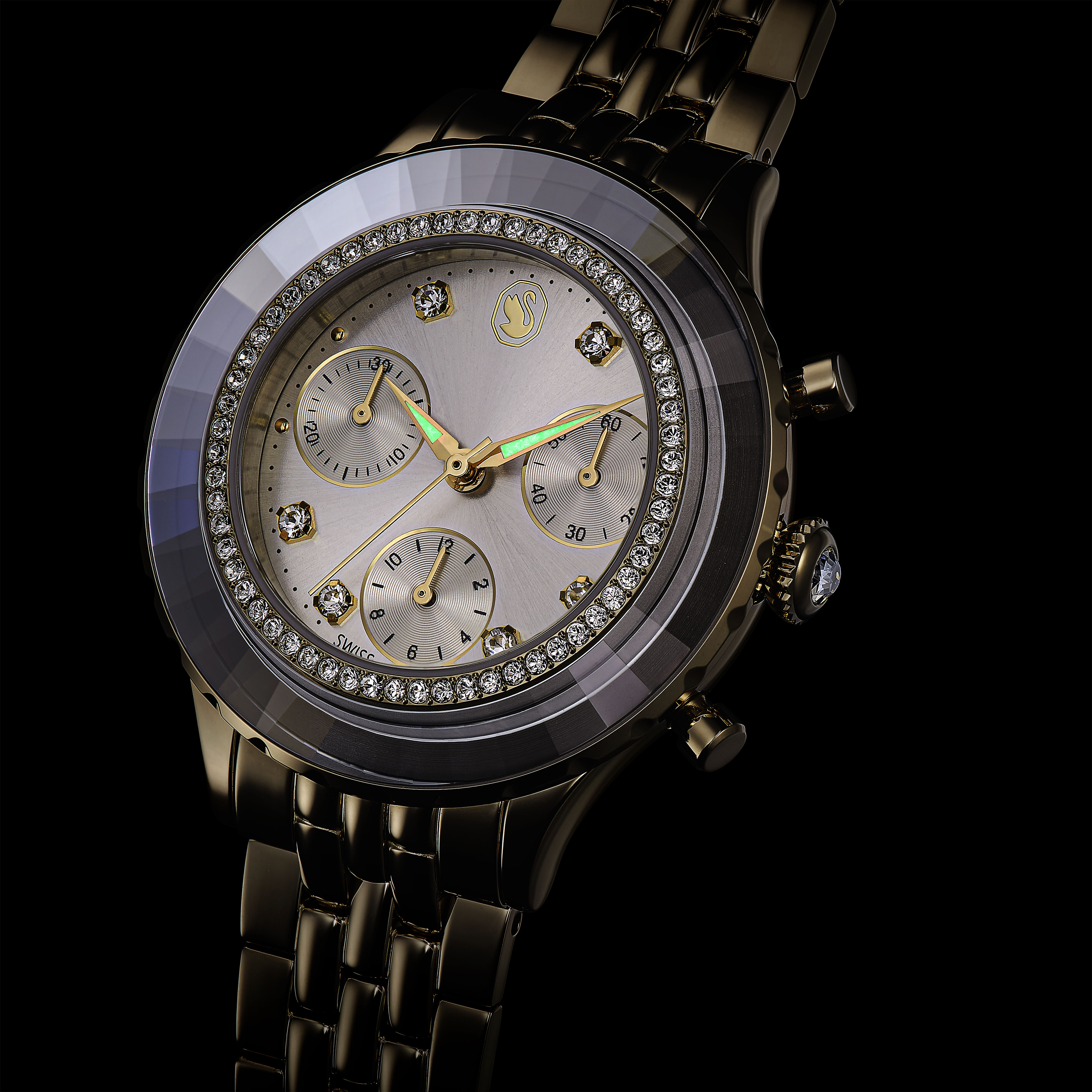 swarovski ساعة octea chrono، صناعة سويسرية، سوار معدني، لون ذهبي، لمسة نهائية بلون شامبين ذهبي