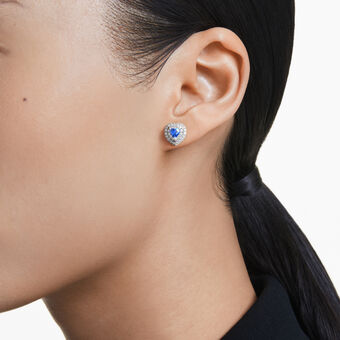 swarovski أقراط دبوسية one، قطع على شكل قلب، أحجار كريستال صغيرة متراصة، شكل قلب، لون أزرق، طلاء روديوم