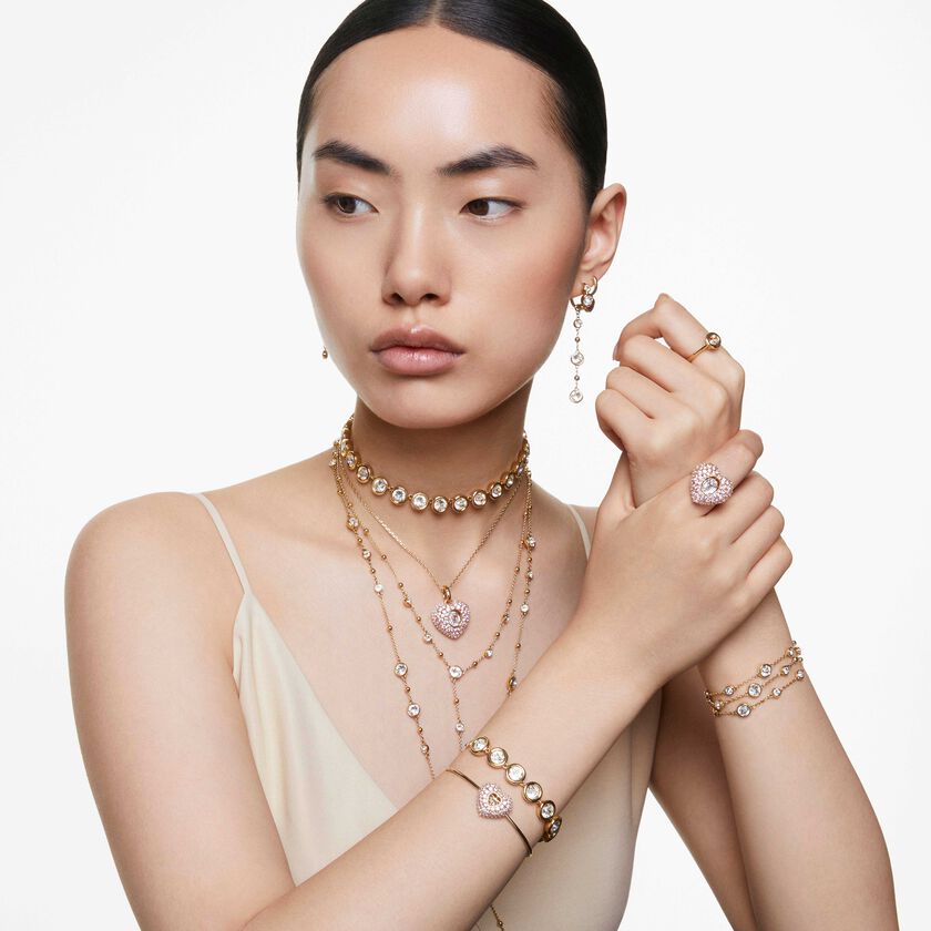 swarovski خاتم كوكتيل idyllia، قطع مثمن، لآلئ كريستال، على شكل قلب، لون وردي، طلاء بلون ذهبي