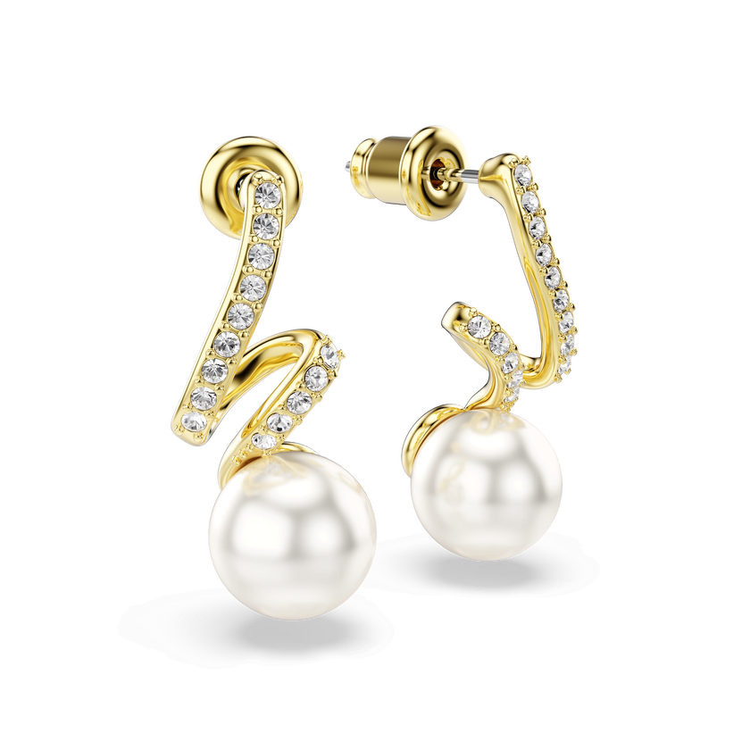 swarovski أقراط gabriella، لؤلؤ كريستالي، قطع مُستدير، لون أبيض، لمسة نهائية من الذهب عيار 18 قيراط