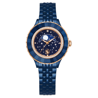 swarovski ساعة قمرية octea، سويسرية الصنع، سوار معدني، لون أزرق، لمسة نهائية باللون الأزرق