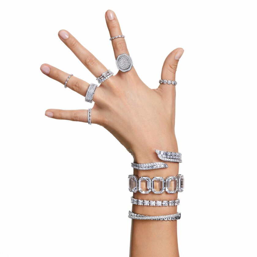 swarovski خاتم dextera، قطع مثمن، أحجار كريستال صغيرة متراصة، لون أبيض، طلاء روديوم