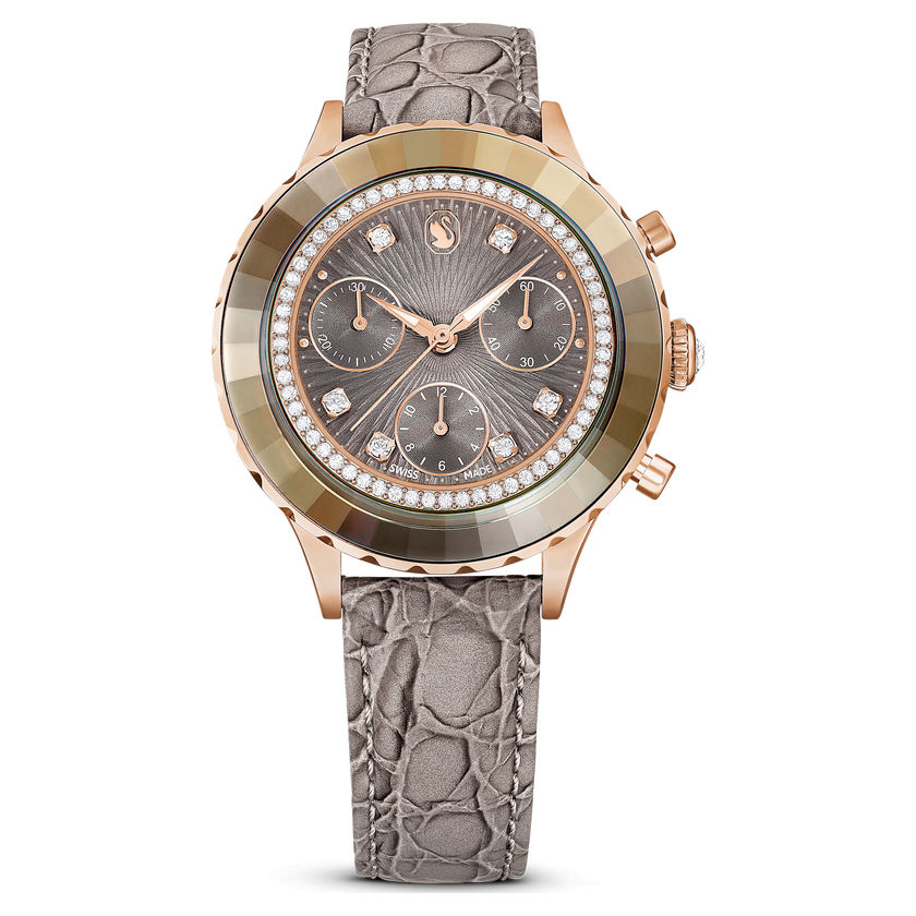 swarovski ساعة يد octea chrono، صناعة سويسرية، سوار جلد، لون رمادي، لمسة نهائية بلون ذهبي وردي