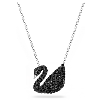 swarovski قلادة iconic swan بحلية متدلية، لون أسود، طلاء روديوم