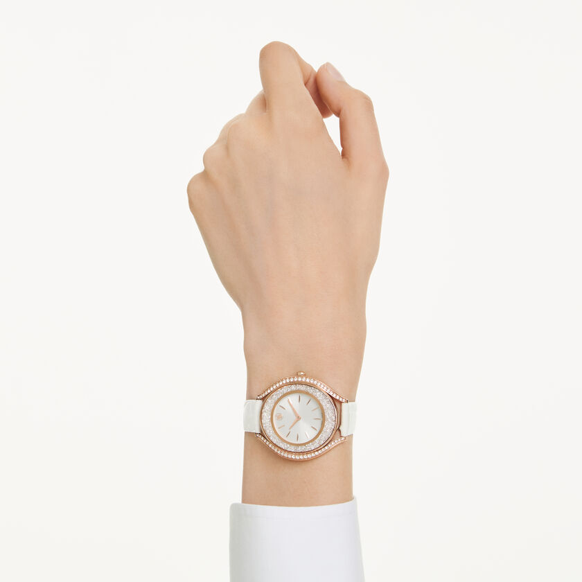 swarovski ساعة crystalline aura، صناعة سويسرية، سوار جلد، لون أبيض، لمسة نهائية باللون الذهبي الوردي
