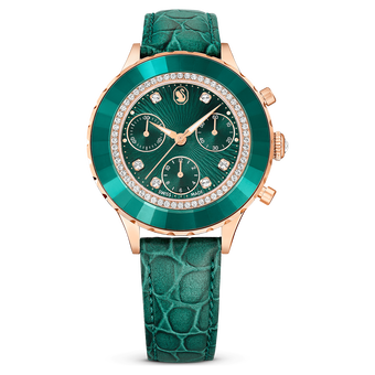 swarovski ساعة octea chrono، صناعة سويسرية، سوار جلد، لون أخضر، لمسة نهائية بلون ذهبي وردي