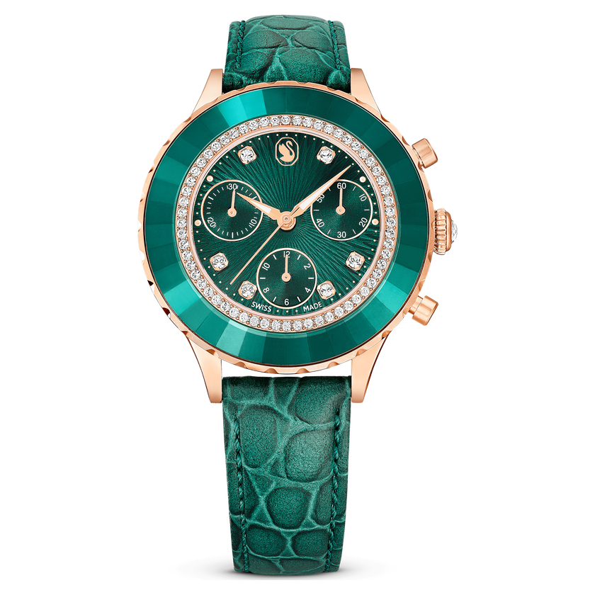 swarovski ساعة octea chrono، صناعة سويسرية، سوار جلد، لون أخضر، لمسة نهائية بلون ذهبي وردي