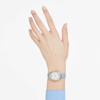 swarovski ساعة imber بيضاوية، صناعة سويسرية، سوار جلد، لون أزرق، لمسة نهائية بلون ذهبي شامبين