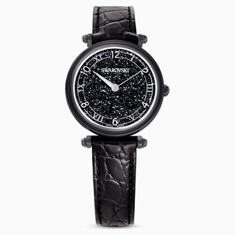 ساعة Crystalline Wonder، صناعة سويسرية، سوار جلد، لون أسود، لمسة نهائية باللون الأسود
