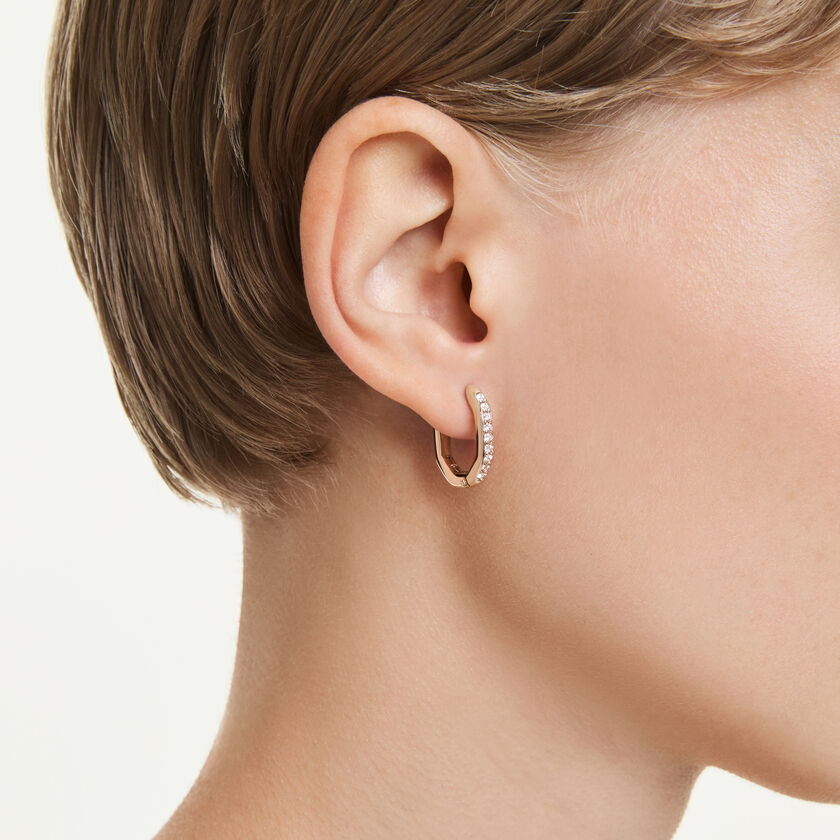 swarovski أقراط حلقية dextera، شكل مُثَمَّن، قطع مستدير، حجم صغير، لون أبيض، طلاء باللون الذهبي الوردي