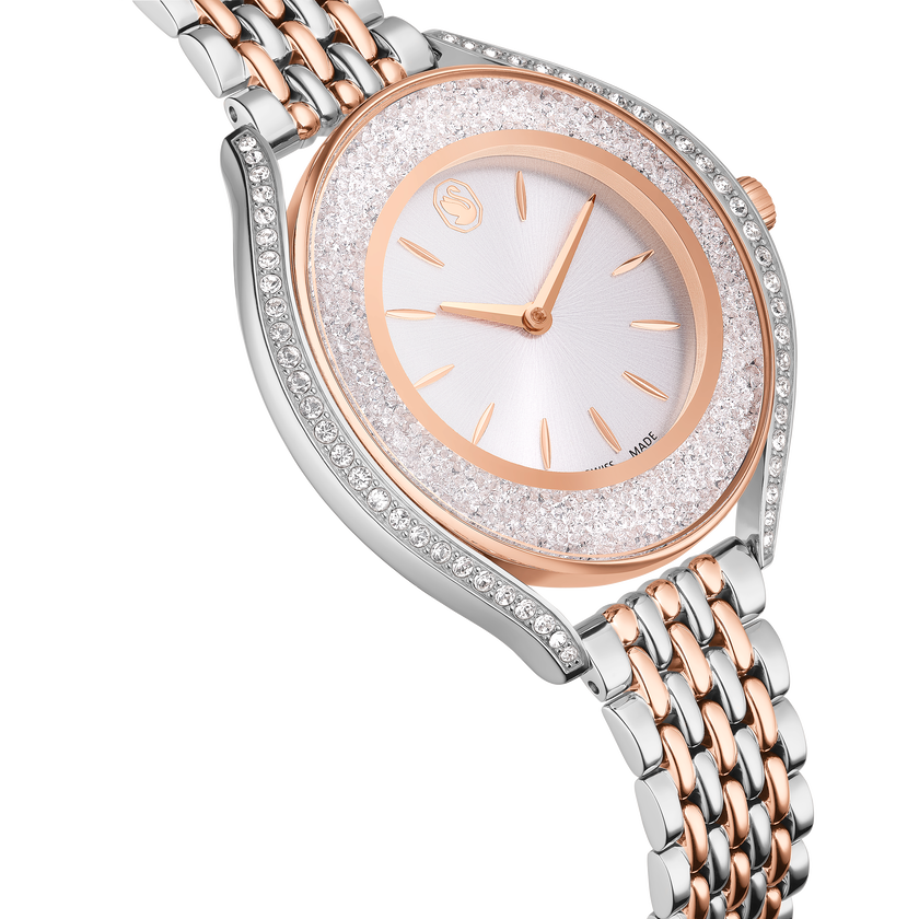 swarovski ساعة crystalline aura، صناعة سويسرية، سوار معدني، لون ذهبي وردي، لمسة نهائية من معادن مختلطة