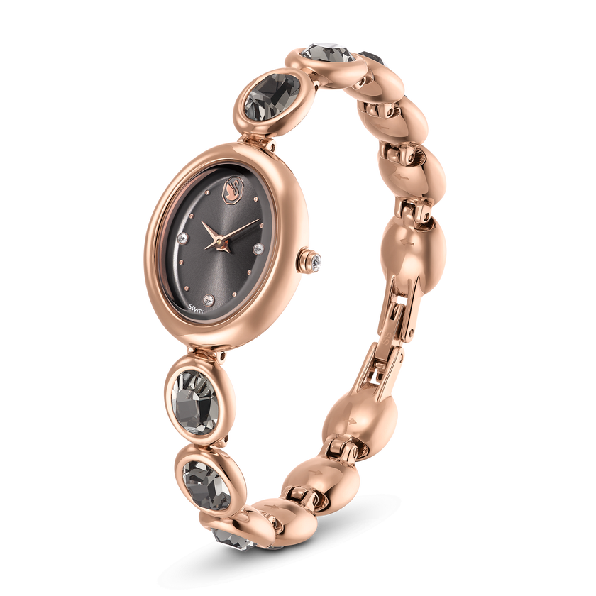 swarovski ساعة بيضاوية imber، سويسرية الصنع، سوار معدني، لون أسود، لمسة نهائية باللون الذهبي الوردي
