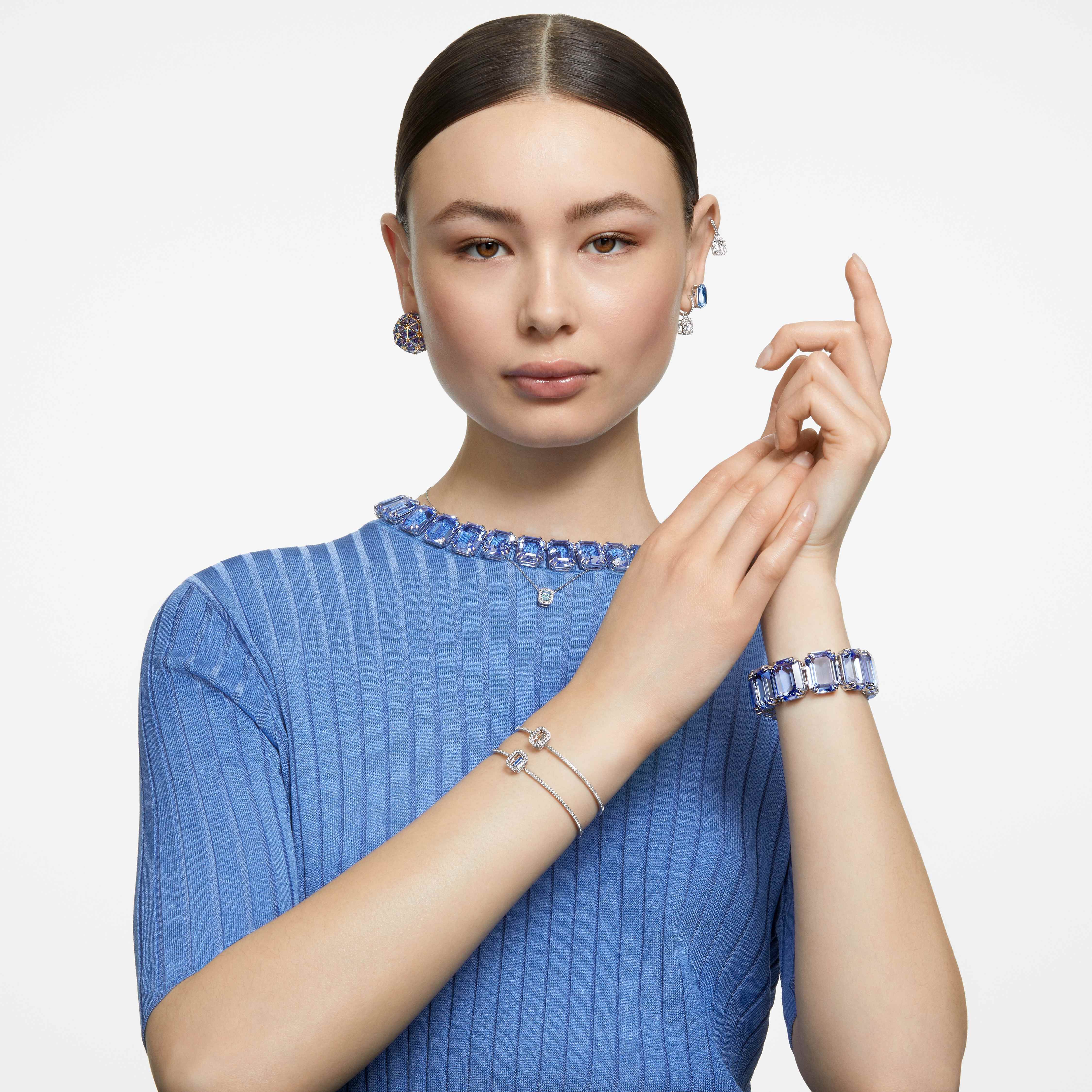 swarovski سوار una، قطع مثمن، كريستالات متراصة، لون أزرق، طلاء روديوم