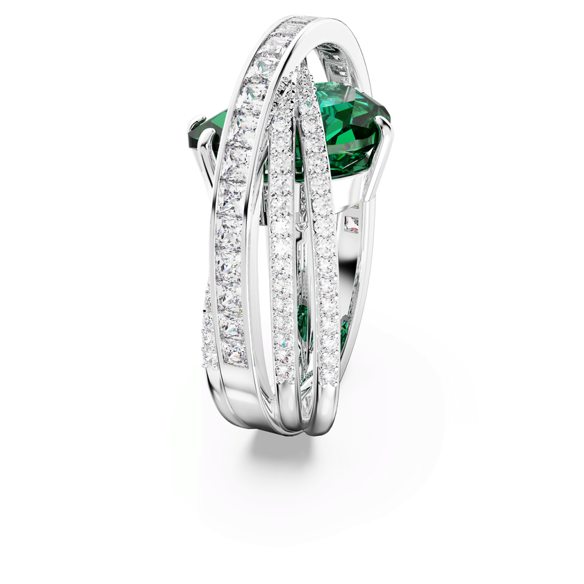 swarovski خاتم كوكتيل hyperbola، زركونيا محايدة الكربون، قطع متنوع، إطار رباعي، لون أخضر، طلاء روديوم