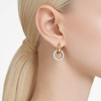 swarovski أقراط حلقية dextera، تصميم غير متماثل، حلقات متداخلة، لون أبيض، لمسة نهائية من الذهب عيار 18 قيراط