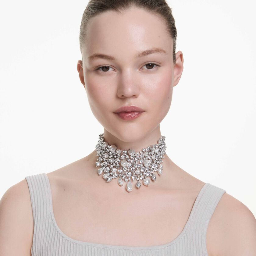 swarovski عقد شوكر constella، لؤلؤ كريستال، قطع مستدير، لون أبيض، طلاء روديوم