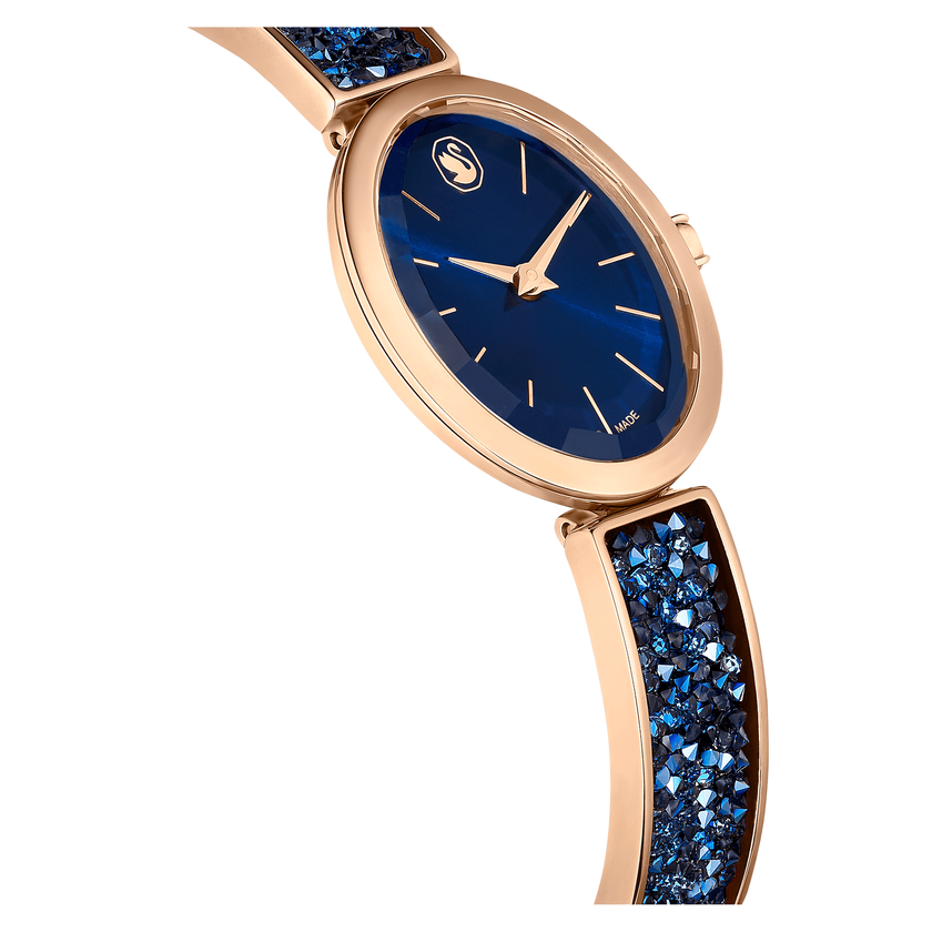 swarovski ساعة crystal rock بيضاوية، صناعة سويسرية، سوار كريستال، لون أزرق، لمسة نهائية بلون ذهبي وردي