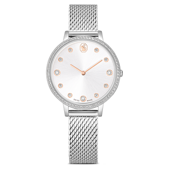 swarovski ساعة clarica، صناعة سويسرية، سوار معدني، لون فضي، ستانلس ستيل