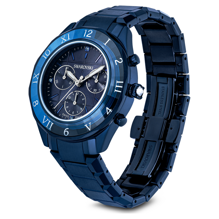 swarovski ساعة كرونوغراف dextera، قطر 39 ملم، صناعة سويسرية، سوار معدني، لون أزرق، لمسة نهائية باللون الأزرق