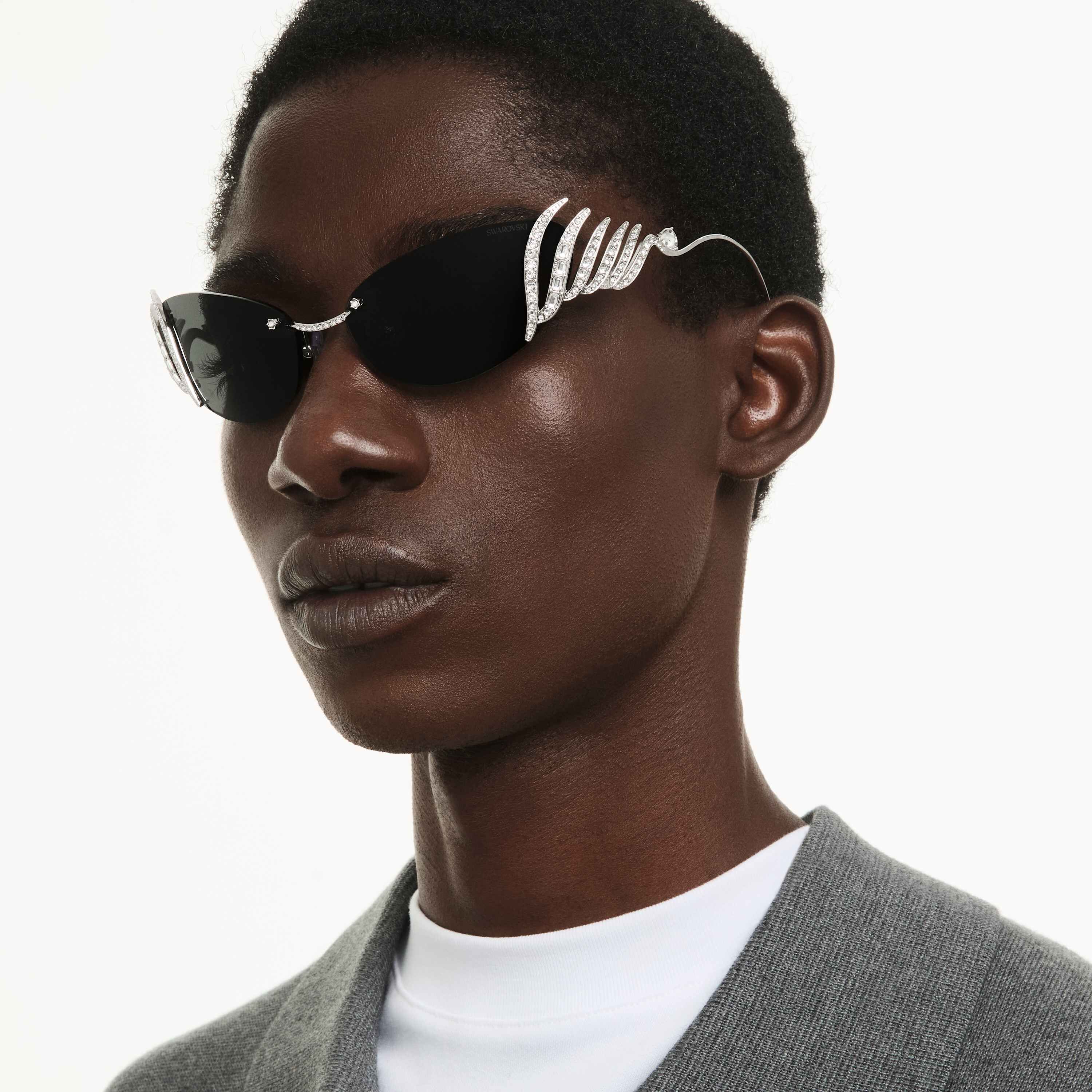 swarovski نظارة شمسية، على شكل عين القطة، حلية على شكل بجعة، لون فضي