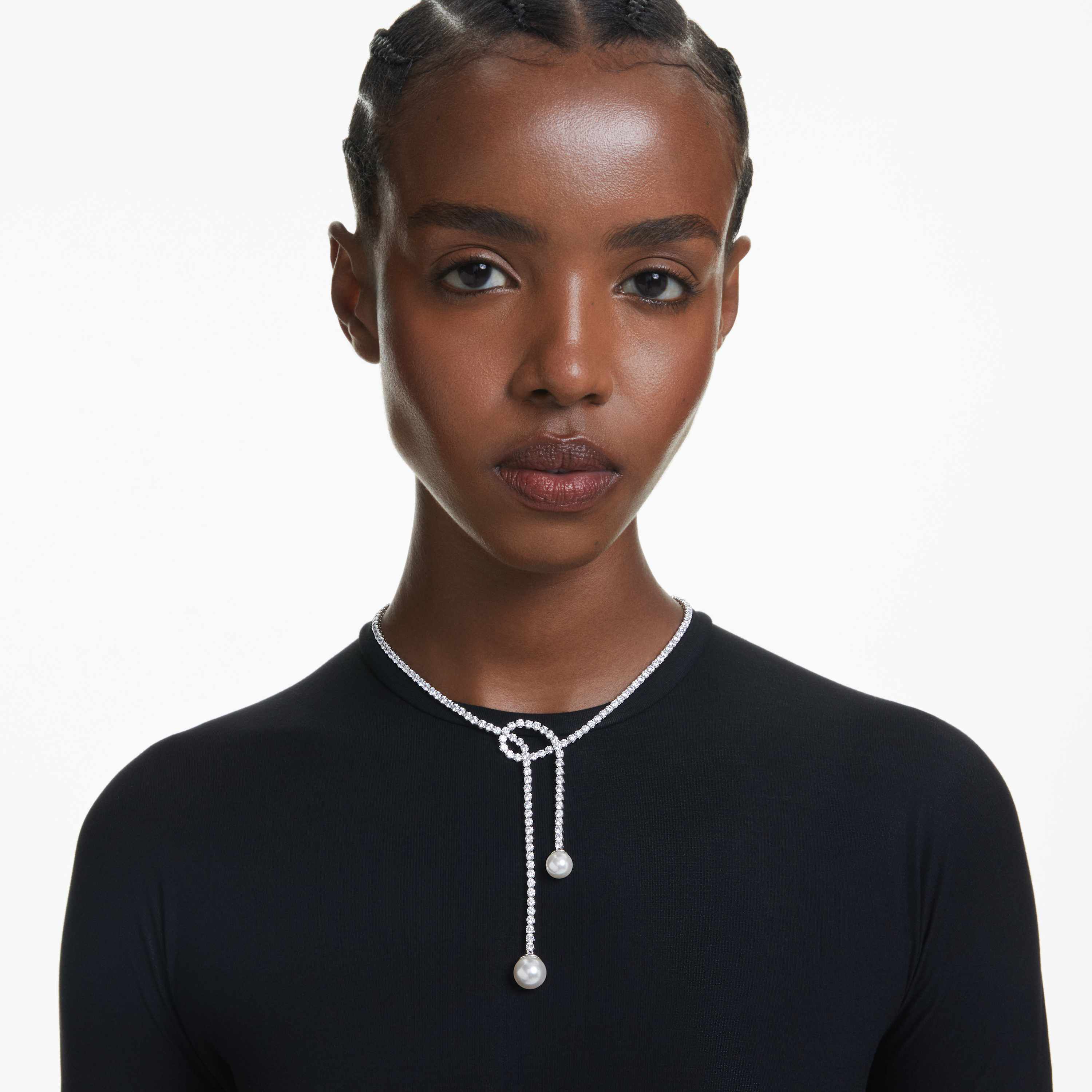 swarovski عقد matrix على شكل حرف y، لؤلؤة كريستال، قطع مستدير، لون أبيض، طلاء روديوم