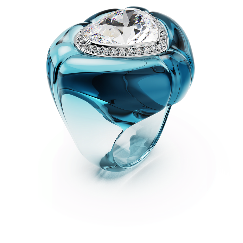 swarovski خاتم كوكتيل dulcis، قطع على شكل قلب، كريستالات مُتراصَّة، شكل قلب، لون أزرق