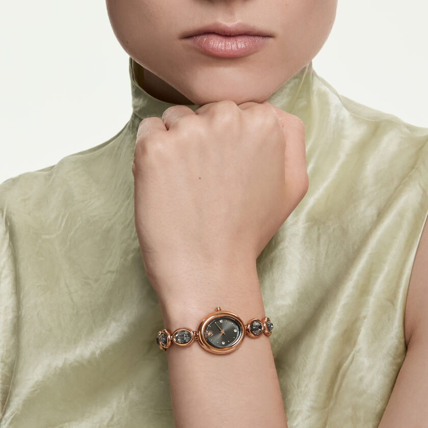 swarovski ساعة بيضاوية imber، صناعة سويسرية، سوار معدني، لون أسود، لمسة نهائية بلون ذهبي وردي