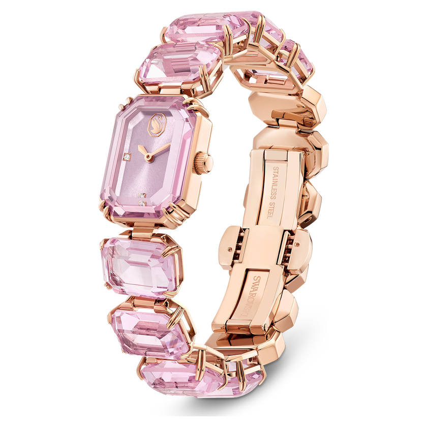 swarovski ساعة، سوار مثمن، لون وردي، لمسة نهائية باللون الذهبي الوردي