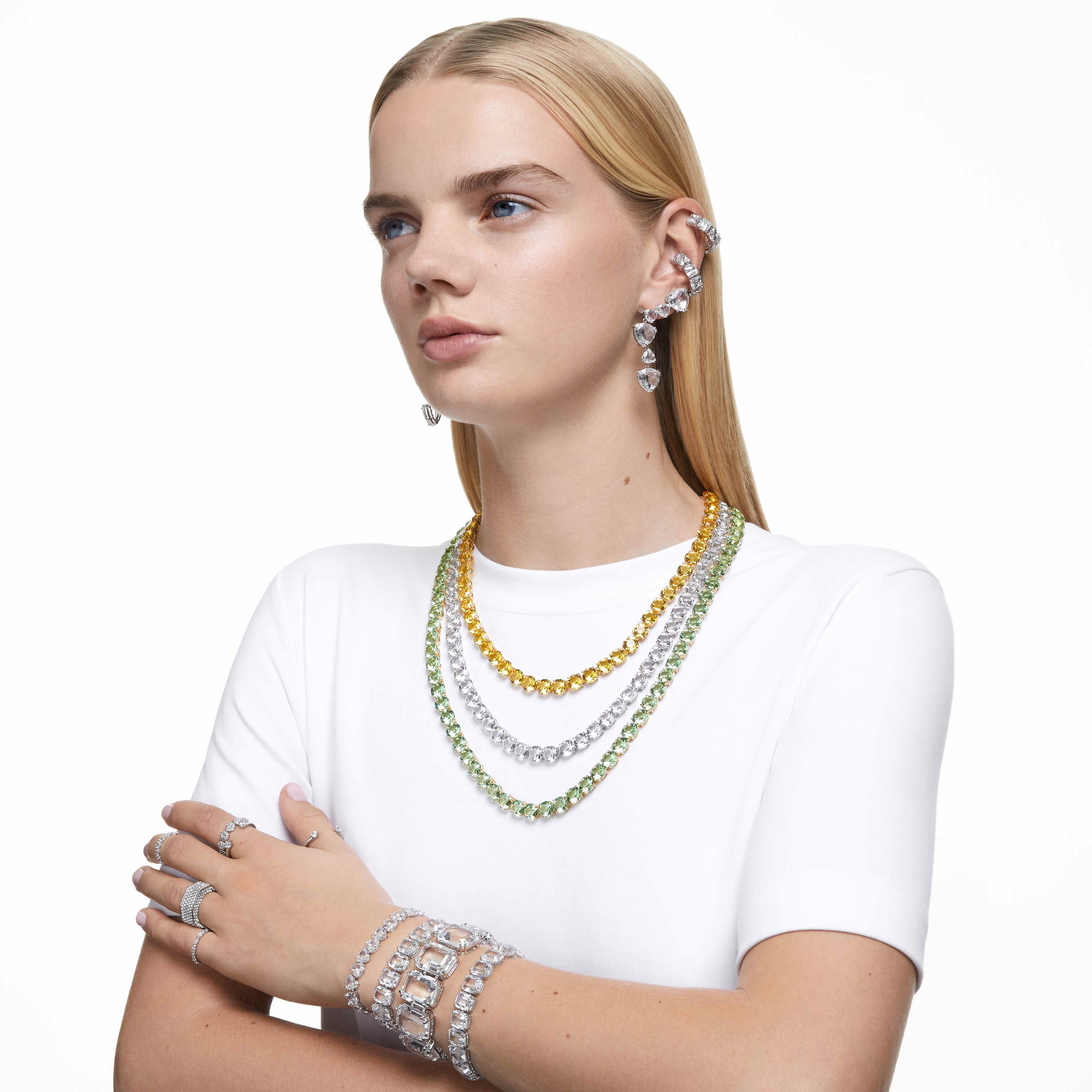 swarovski خاتم dextera، قطع مثمن، أحجار كريستال صغيرة متراصة، لون أبيض، طلاء روديوم