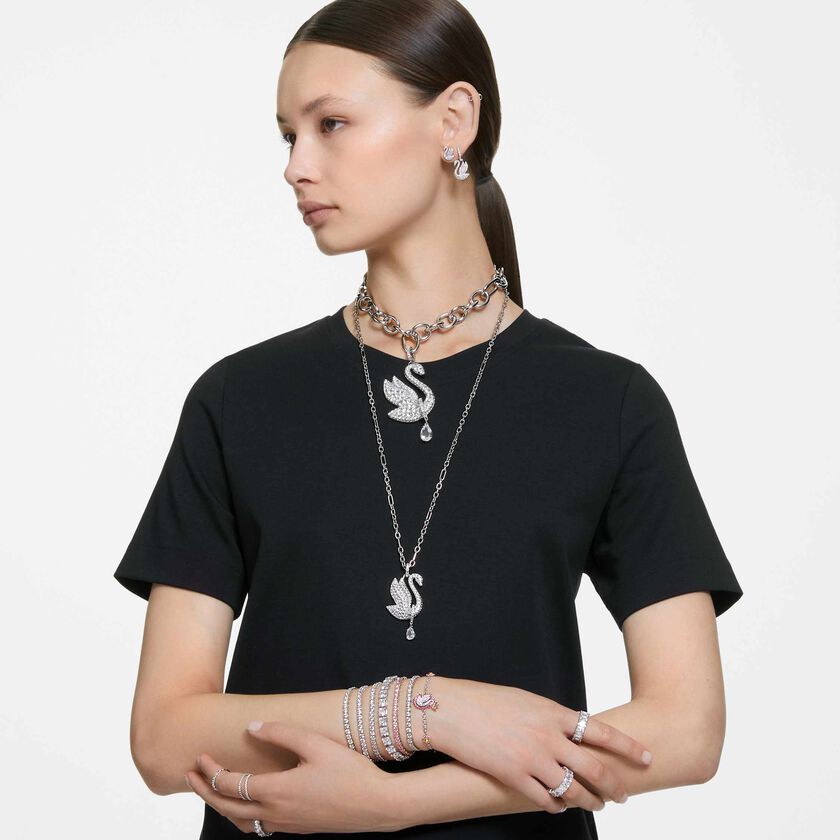 swarovski عقد swan، على شكل بجعة، طويل، لون أبيض، طلاء روديوم