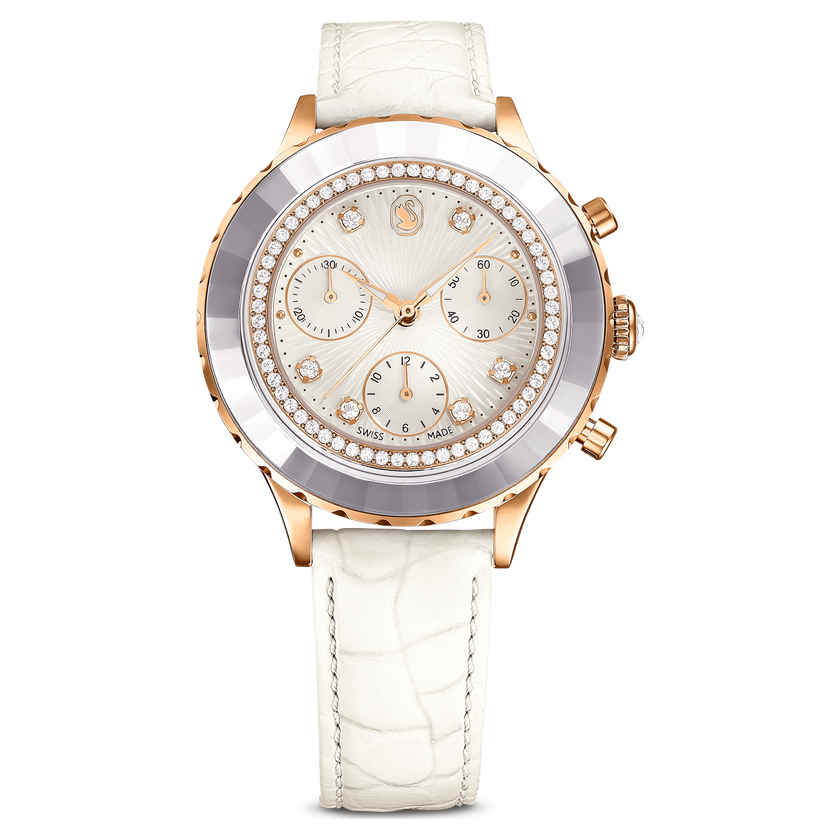 swarovski ساعة يد octea chrono، صناعة سويسرية، سوار جلد، لون أبيض، لمسة نهائية بلون ذهبي وردي