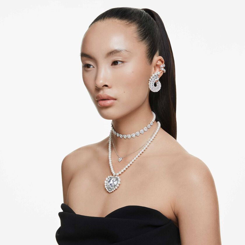 عقد ariana grande x swarovski، لؤلؤة كريستال، قطع على شكل قلب، شكل قلب، لون أبيض، طلاء روديوم