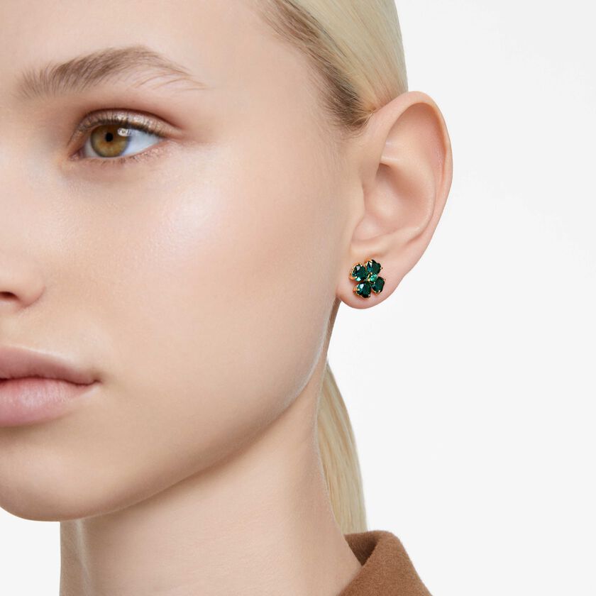 swarovski أقراط دبوسية idyllia، على شكل زهرة برسيم، لون أخضر، طلاء بلون ذهبي