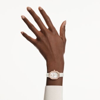 swarovski ساعة dextera بتصميم مُثَمَّن، صناعة سويسرية، سوار جلد، لون أبيض، لمسة نهائية باللون الذهبي الوردي