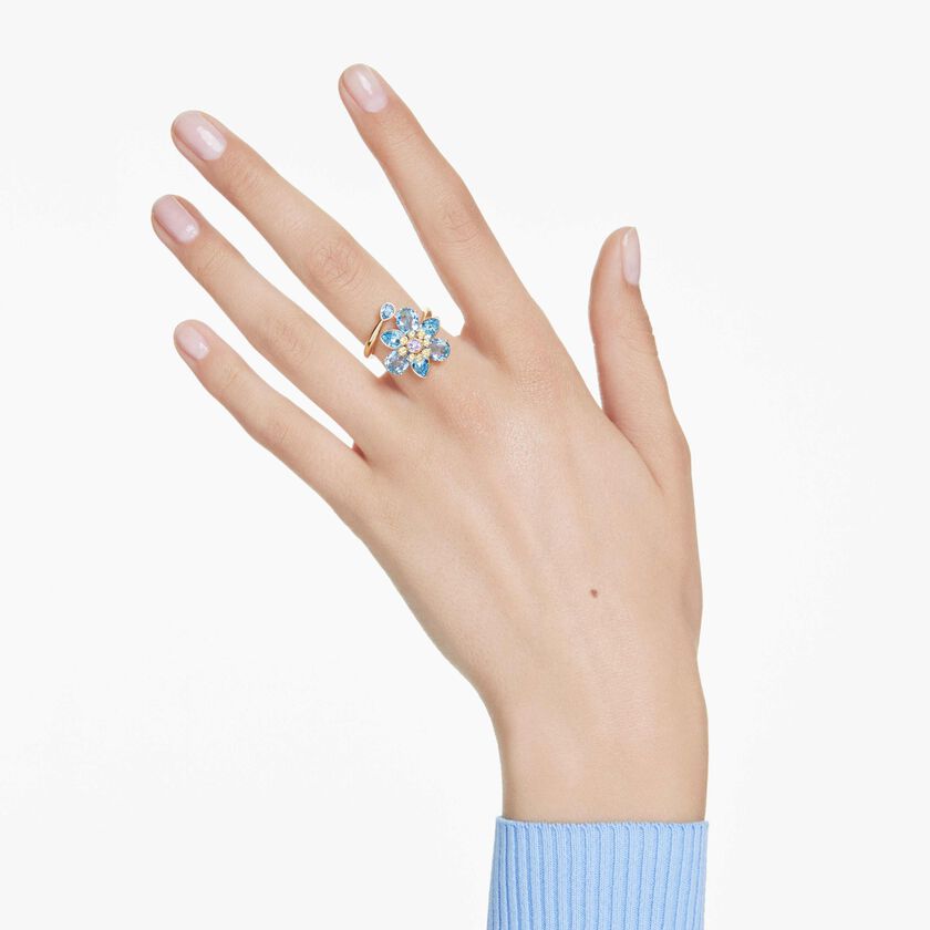 swarovski خاتم مفتوح idyllia، قطع متنوع، شكل زهرة، لون أزرق، طلاء باللون الذهبي