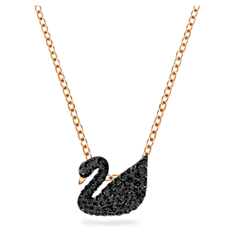 swarovski قلادة swan، شكل بجعة، لون أسود، لمسة نهائية من الذهب الوردي عيار 18 قيراط