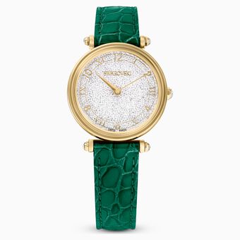 ساعة Crystalline Wonder، صناعة سويسرية، سوار جلد، لون أخضر، لمسة نهائية باللون الذهبي
