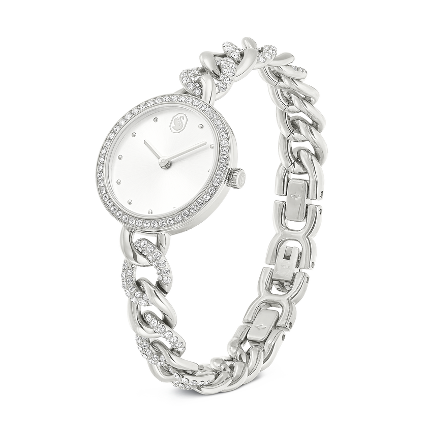 swarovski ساعة مستديرة cocktail، سوار معدني، لون فضي، ستانلس ستيل