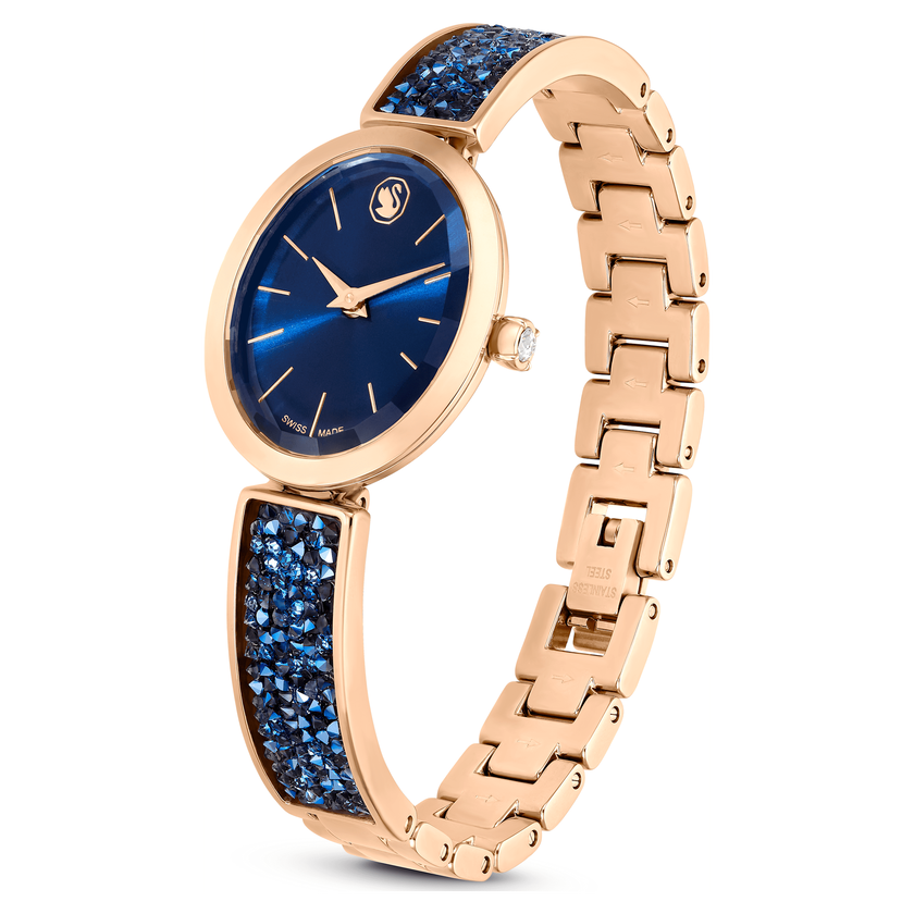 swarovski ساعة crystal rock بيضاوية، صناعة سويسرية، سوار كريستال، لون أزرق، لمسة نهائية بلون ذهبي وردي