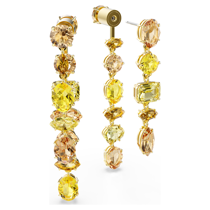 swarovski أقراط متدلية gema، تصميم غير متماثل، قطع متنوع، طويلة، لون أصفر، طلاء باللون الذهبي